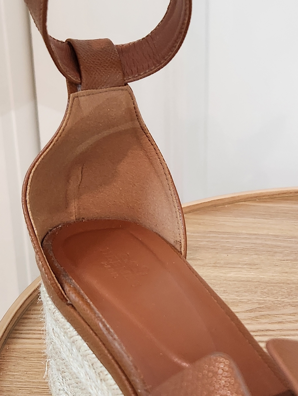 Hermes Elda Tan Leather Platform Espadrille Wedge Strap Heels Size 39 / 8-8.5 - Picture 10 of 11